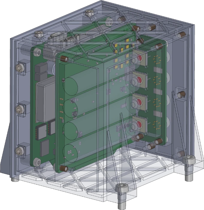 Transparent CAD rendering of GIAN showing the housing, detector boards and optics inside