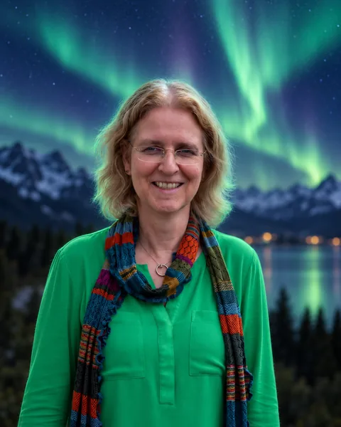 Portrait of Prof. Louise Harra in a yellow flight suit with the GIAN mission patch